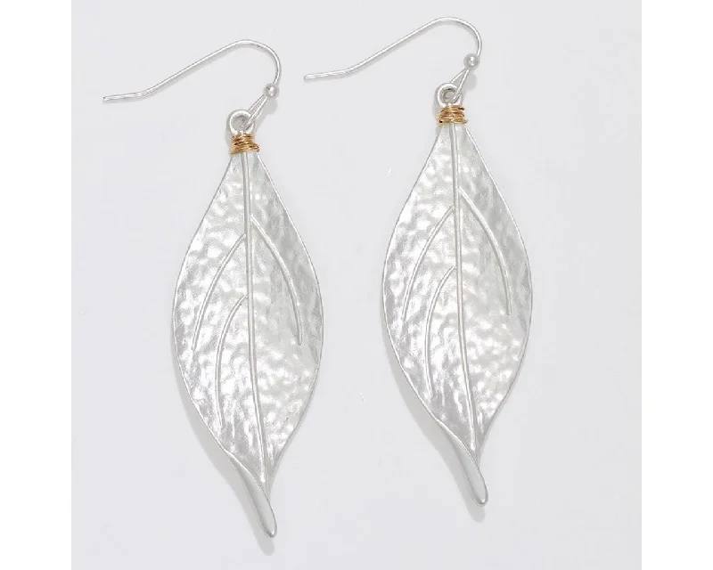 Ladies Enamel Painted Earrings -Periwinkle by Barlow : Matte Silver Leaves with Gold Wire Wrap - Earrings