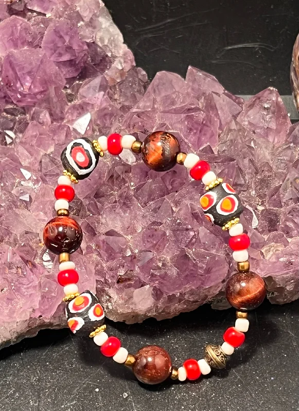 Ladies Bracelets with Star Shine-African Beads and Red Tigers Eye Stretchy Bracelet