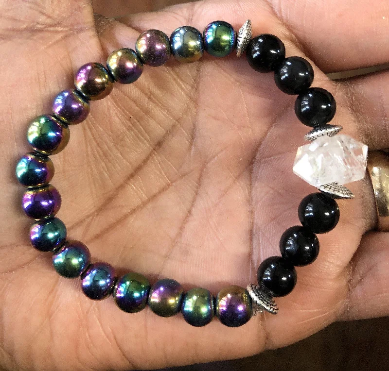 Ladies Bracelets with Globe Shine-Rainbow Hematite Black Obsidian and Herkimer Diamond Stretchy Bracelet