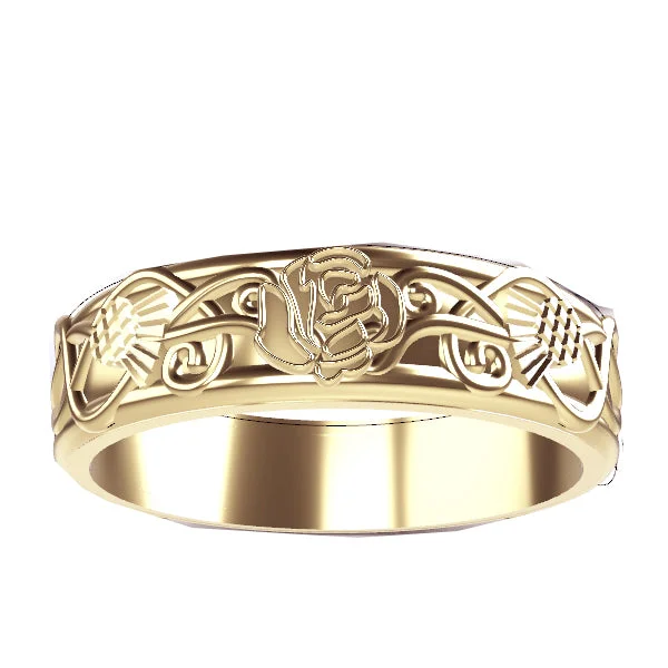 Ladies Mother’s Love Rings -Scottish Rose and Thistle Edinburgh Celtic Ring in Yellow Gold