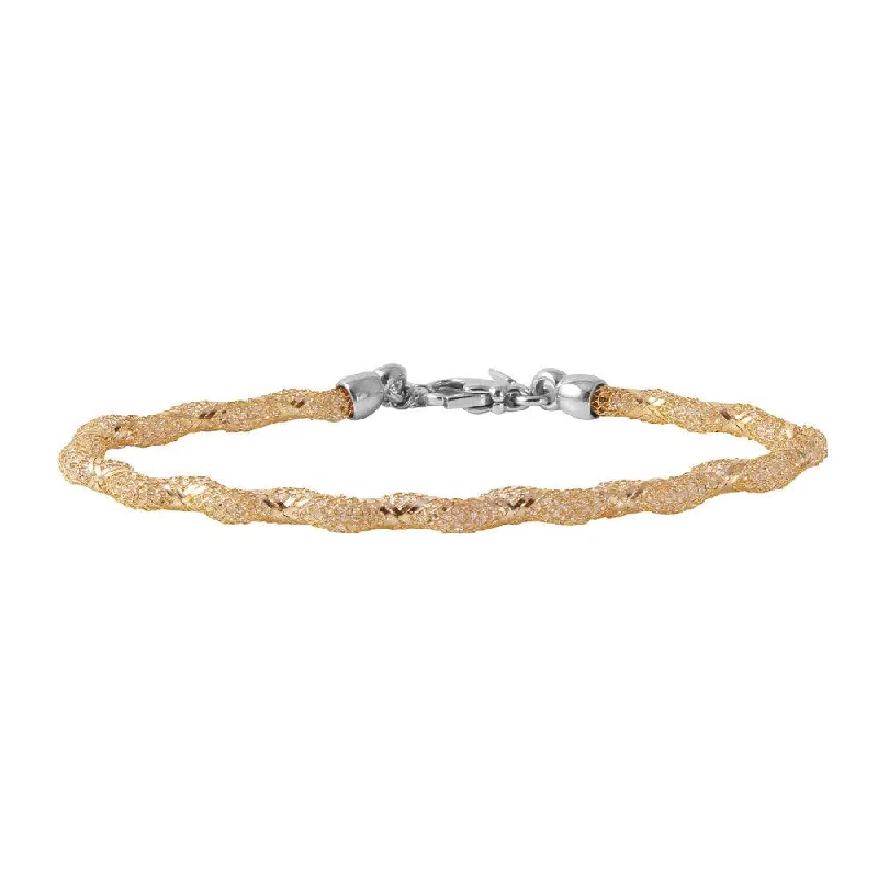 Ladies Bracelets Wide Band-Silver 925 Gold Plated Mesh and Wrapped Embedded CZ Slim Italian Bracelet ECB00095Y