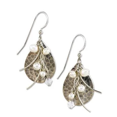 Ladies Gothic Design Earrings -Silver Forest Earrings Silver Multi Pearls on Stamped Teardrop