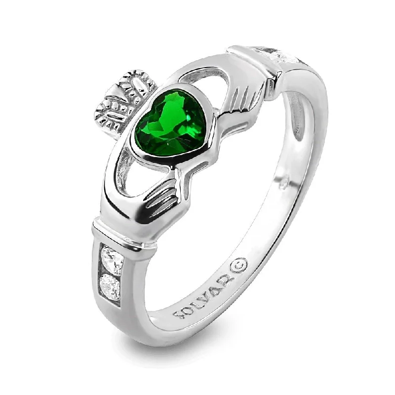 Ladies Valentine’s Charm Rings -Claddagh Ring S-S2594 Ladies Sterling Silver with Green and White CZs