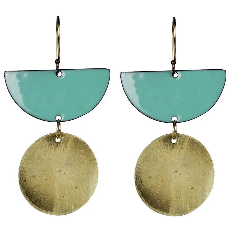 Ladies 10K Gold Rings -Donte Earring, Semi Circle With Circle Aqua Enamel & Brass