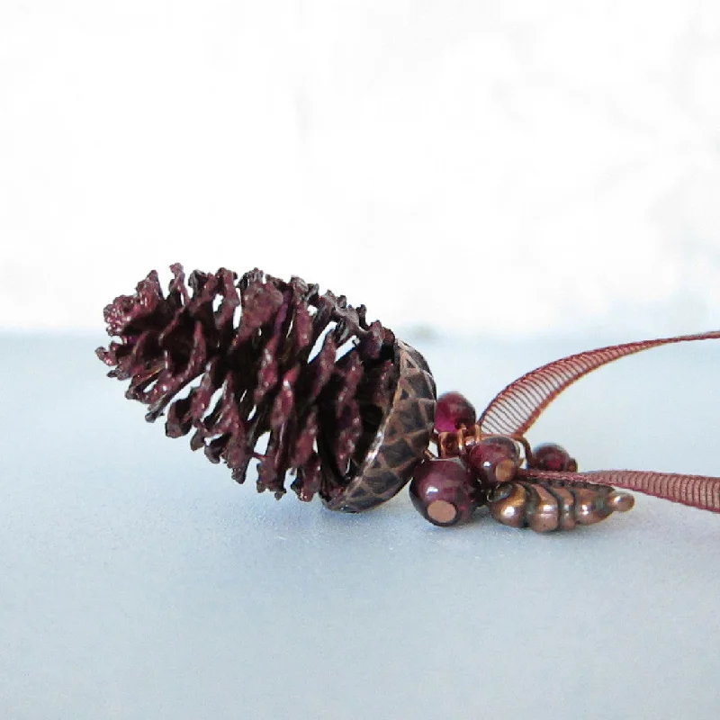 Ladies Necklaces with Crescent Shine-Garnet Pine Cone Necklace with Real Pine Cone