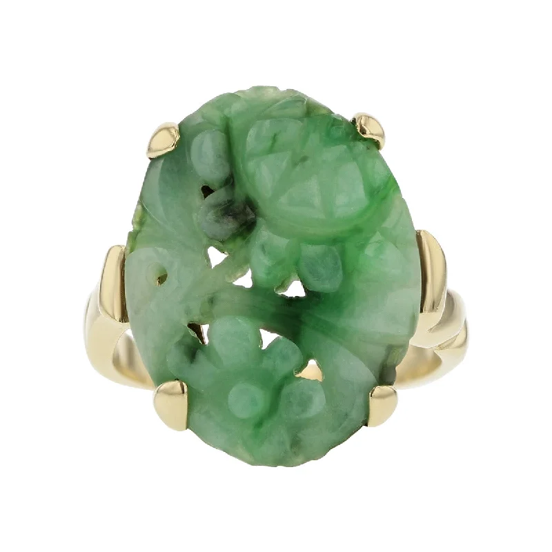 Ladies Luxe Gem Rings -14K Yellow Gold Carved Oval Green Jade Ring