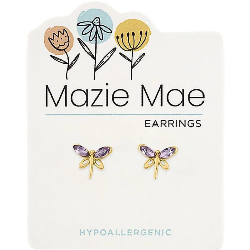 Ladies Art Deco Gem Earrings -Center Court : Gold Violet Dragonfly Stud Mazie Mae Earrings