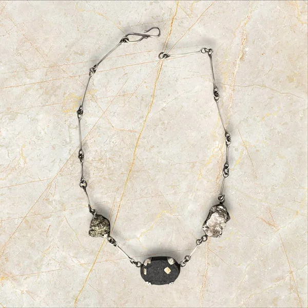 Ladies Necklaces with Pink Tourmaline-Prong Set Necklace with  handmade chain.  Mica, Schist with pyrite and pyrite