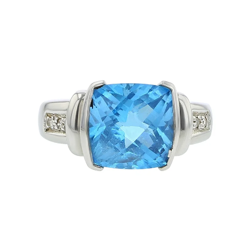 Ladies Eastern Charm Rings -14K White Gold Cushion Checkerboard Blue Topaz Ring