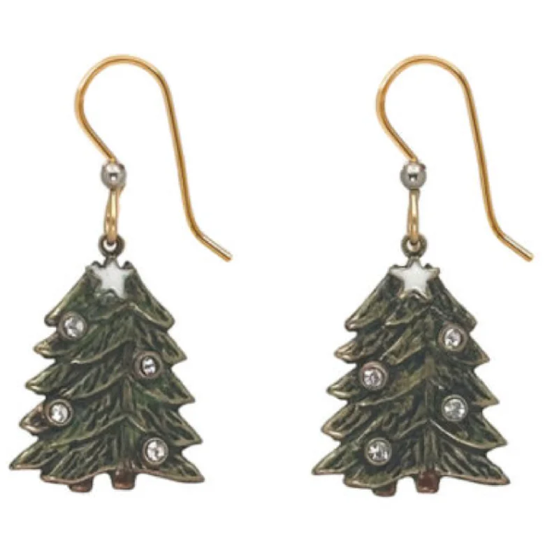 Ladies Evening Glow Earrings -Silver Forest Earrings Evergreen Tree with Crystal and Star