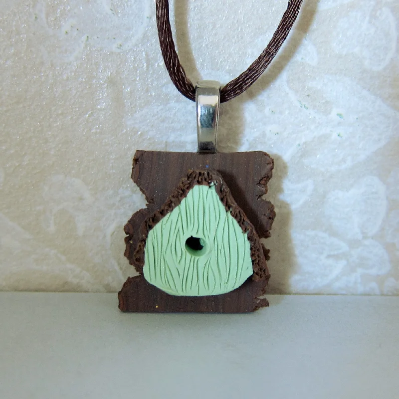 Ladies Necklaces with Yellow Herderite-Bird House Necklace Polymer Clay Green Birdhouse Charm Pendant