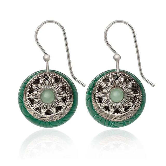 Ladies Sentimental Stone Earrings -Silver Forest Earrings Green Round Layers with Flower