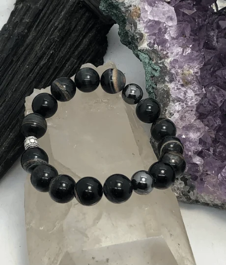 Ladies Bracelets for Beach Shine-Blue Tigers Eye "Hawks Eye" and Hematite Stretchy Bracelet