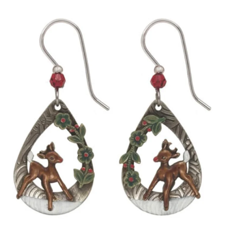 Ladies Star Accent Earrings -Silver Forest Earrings Deer in Teardrop Garland