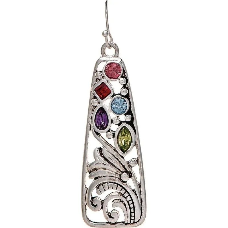 Ladies Elephant Trunk Earrings -Rain : Silver Multi Crystals Filigree Earrings