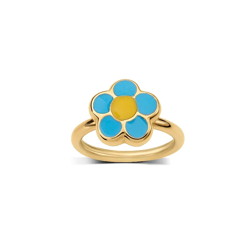 Ladies Silky Smooth Rings -Blue Enamel Flower Ring, 18K Yellow Gold