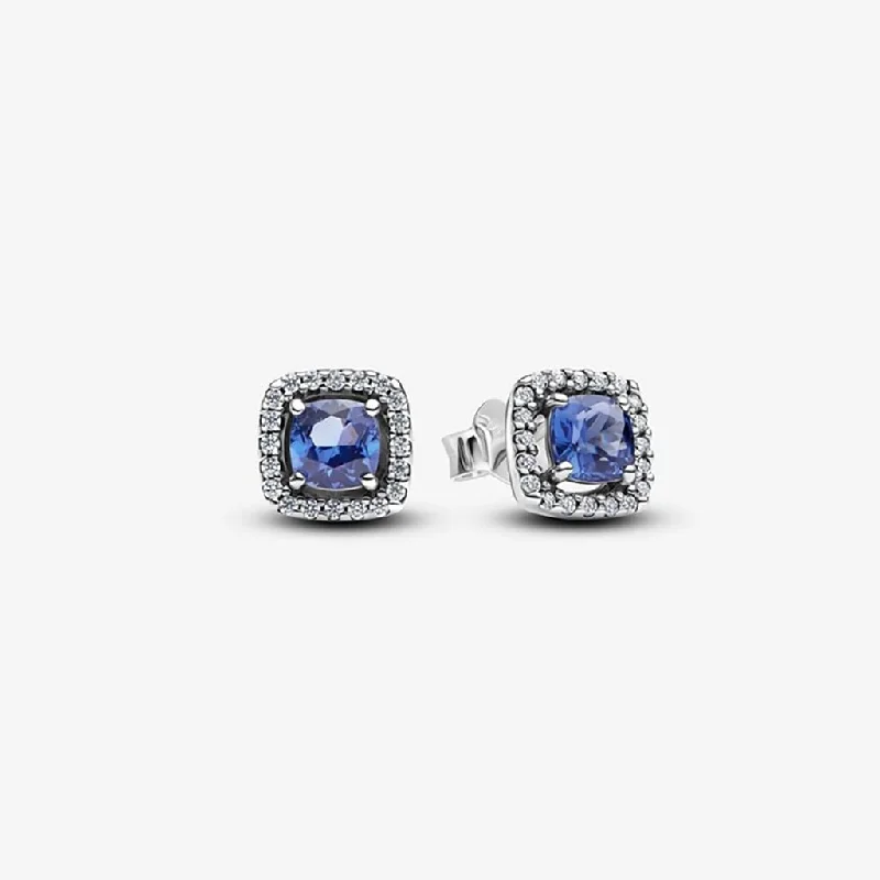 Ladies Diamond Drop Earrings -PANDORA : Sparkling Square Blue Halo Stud Earrings