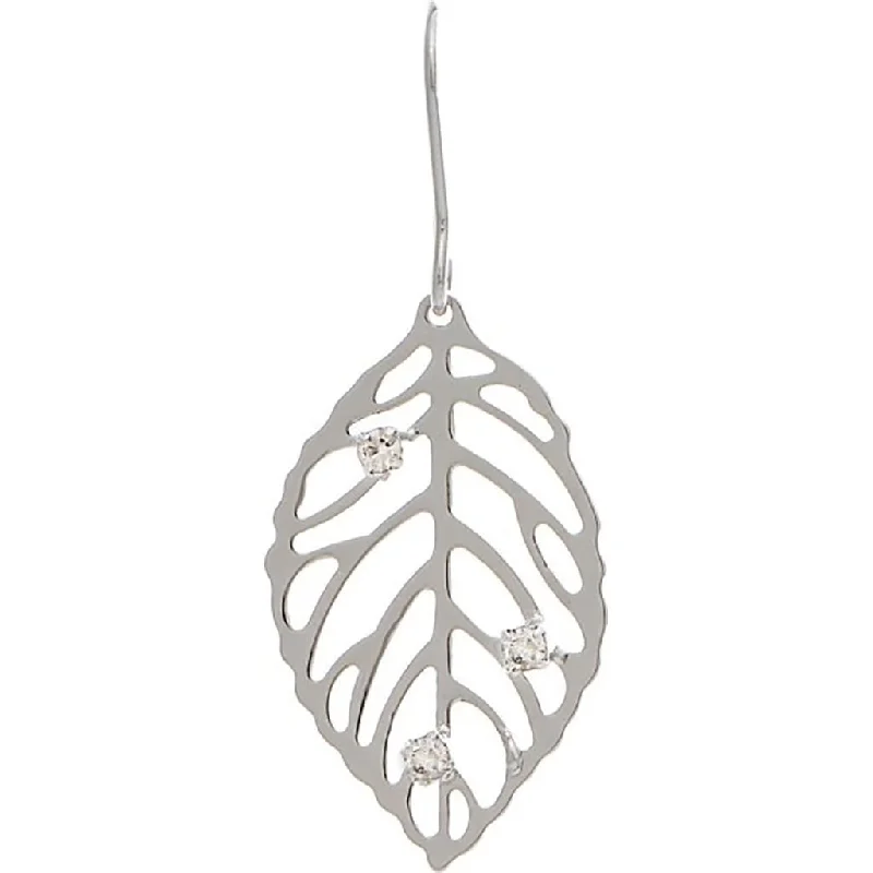 Ladies Slender Drop Earrings -Rain : Silver Crystal Cutout Mini Leaf Earring