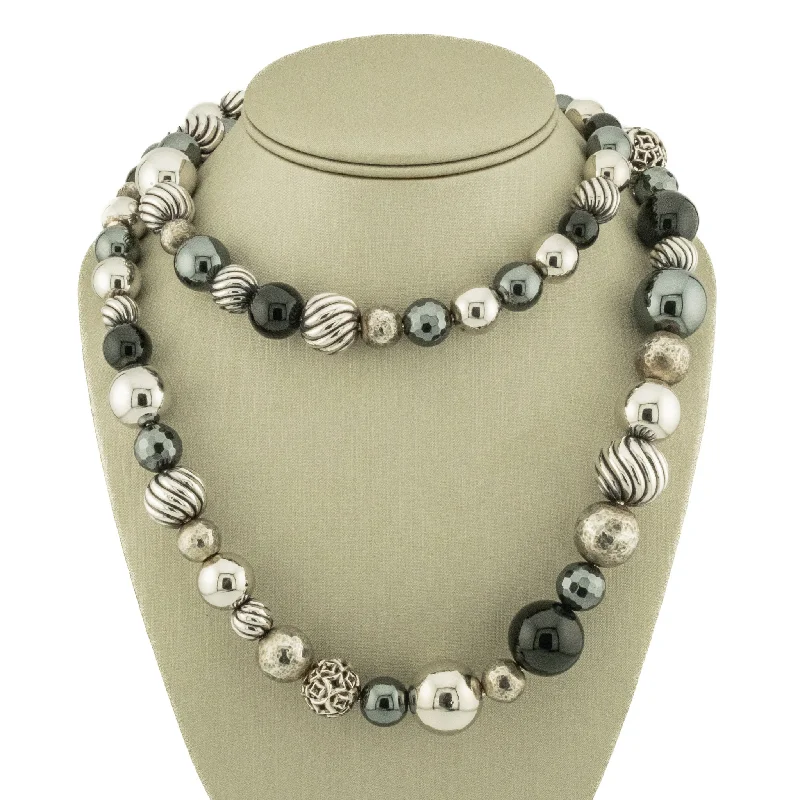 Ladies Necklaces with Aqua Variscite-David Yurman Elements Onyx, Hematite & Sterling Silver Graduated Bead Necklace 36" in S925