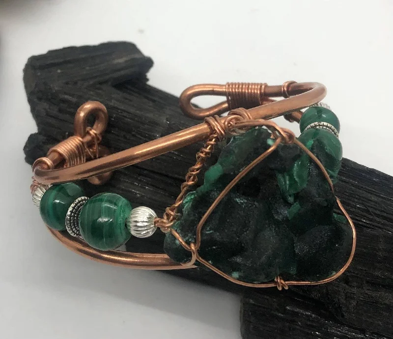 Ladies Bracelets Bright Glow-Malachite Fibrous Crystal with Malachite Side Stones Copper Bracelet Wirewrapped