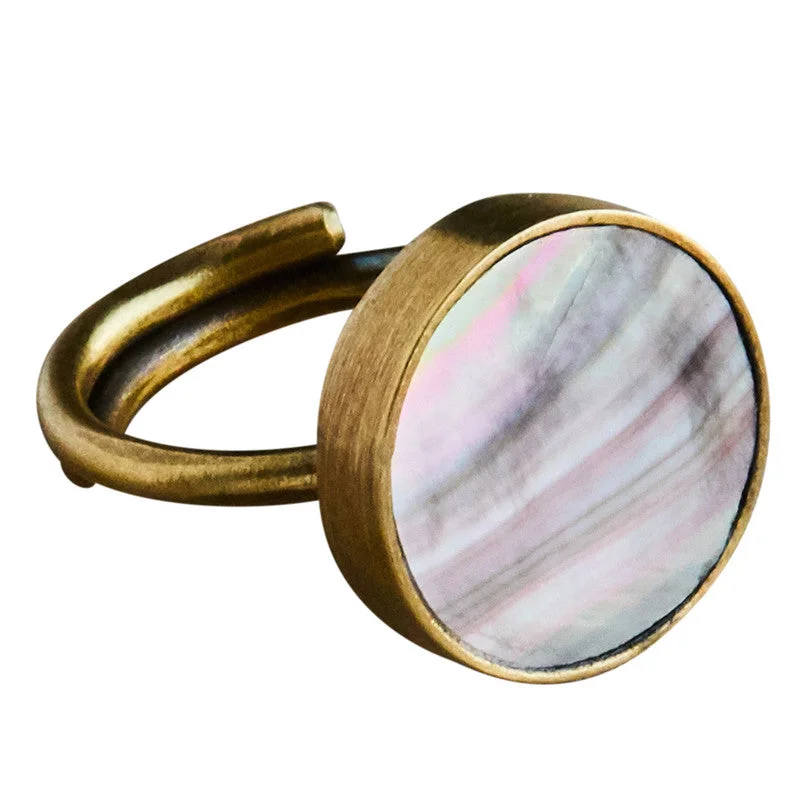 Ladies Matte Finish Rings -Penny Ring, Brass, Mother of Pearl - Dark