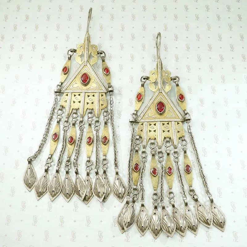 Ladies Black Stone Earrings -Exceptional Fire Gilded Silver Turkmen Earrings