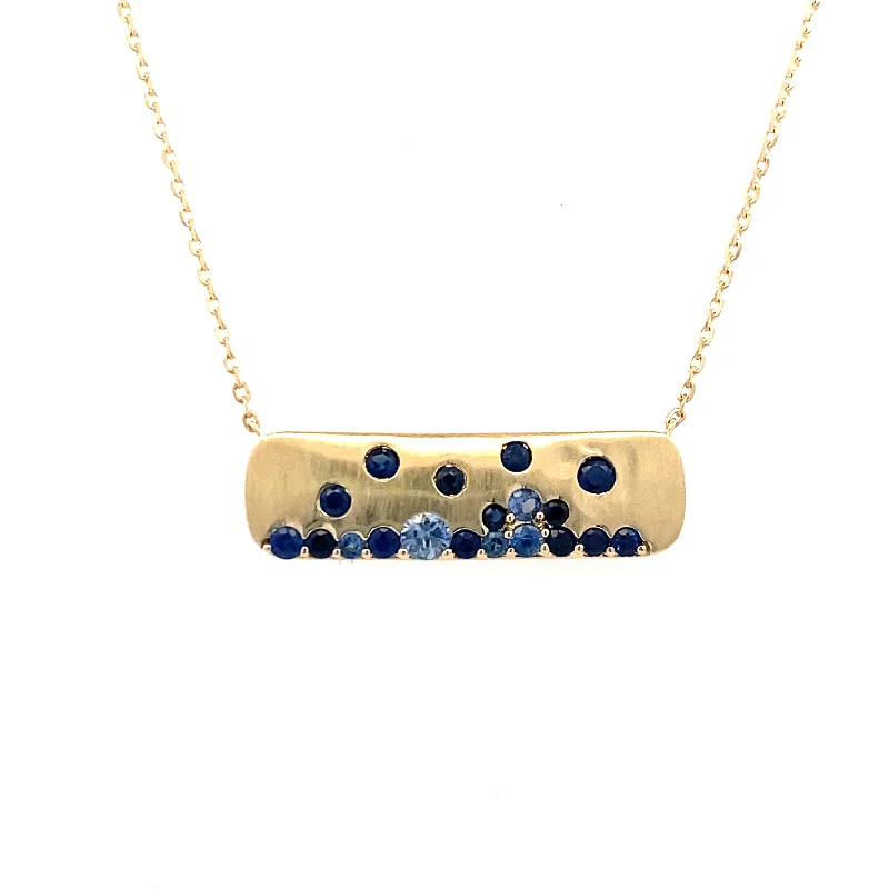 Ladies Necklaces with White Thaumasite-Dark and Light Sapphire Bar Necklace in Yellow Gold