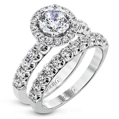 Ladies Classic Engagement Rings -Round-cut Halo Engagement Ring & Matching Wedding Band 18k Gold with Diamonds LR2343