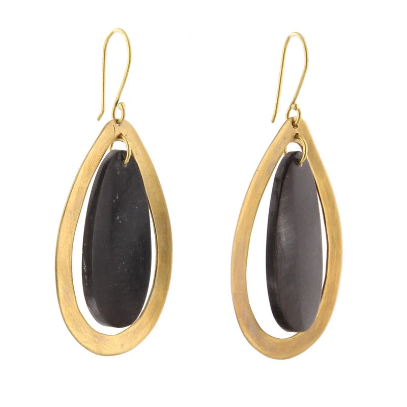 Ladies Chic Fashion Rings -Banjar Floating Teardrop Earring - Dark Horn, Brass