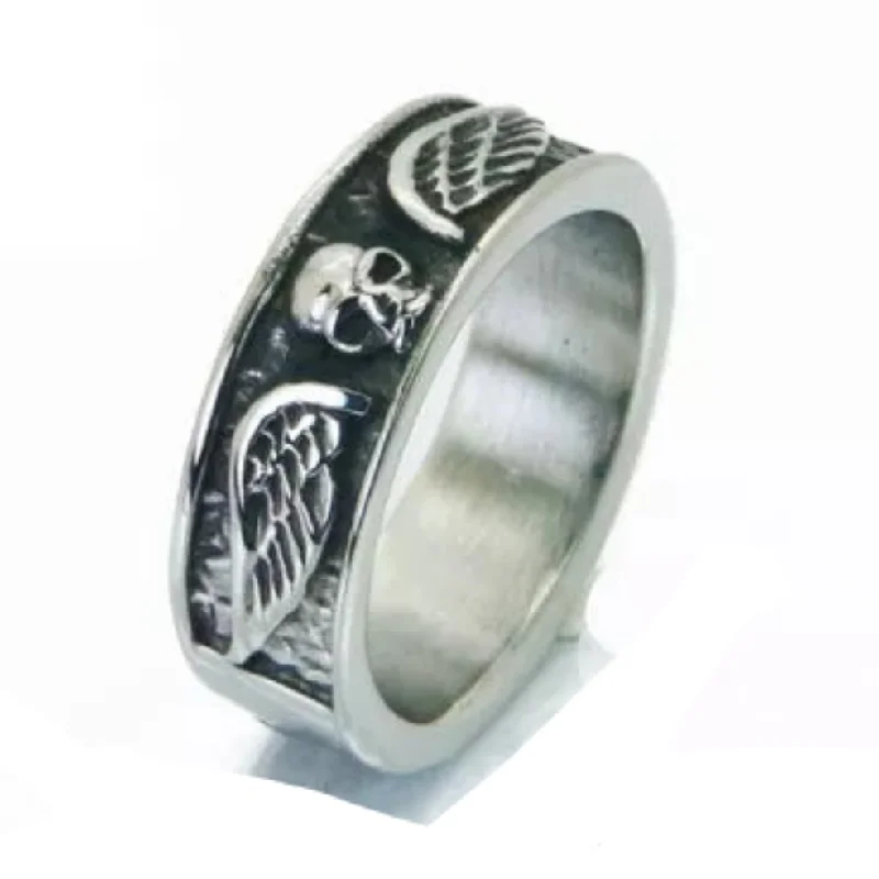 Ladies Glass Stone Rings -Stainless Steel Skull Wing Ring