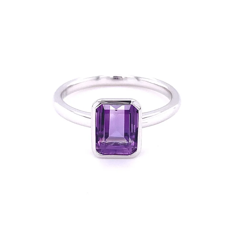 Ladies Square Edge Rings -Rectangular Amethyst Ring, Sterling Silver