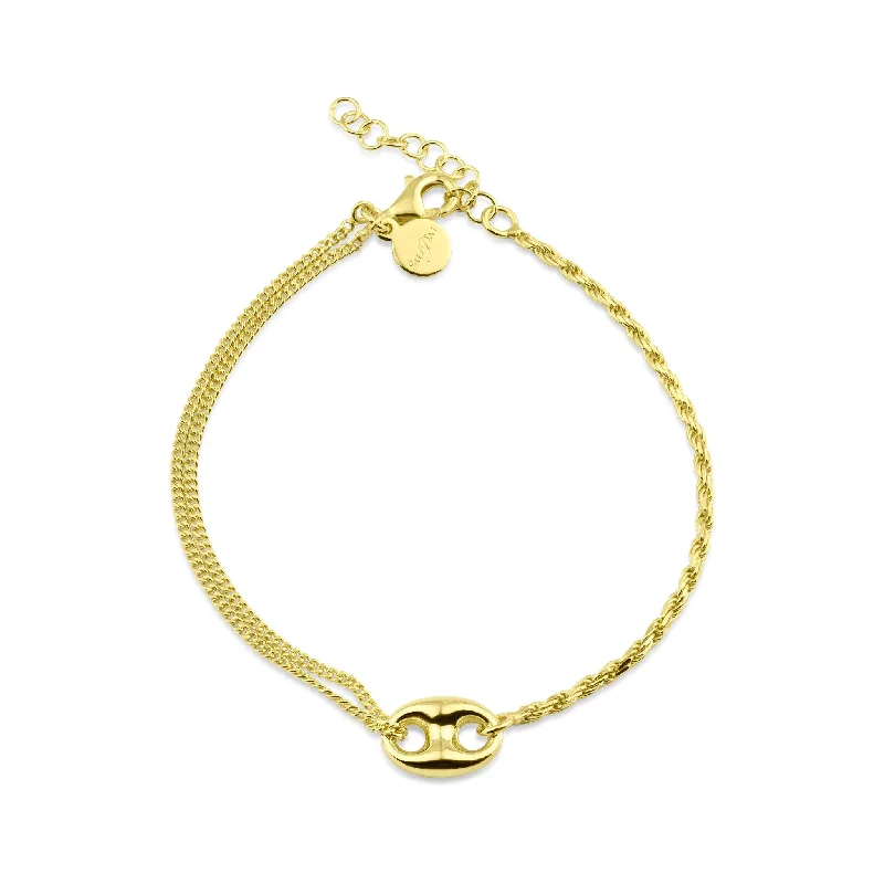 Ladies Bracelets for Lawyer Shine-Gold Plated 925 Sterling Silver Puffed Mariner Charm Double Strand Curb and Rope Adjustable Bracelet - ITB00330-GP