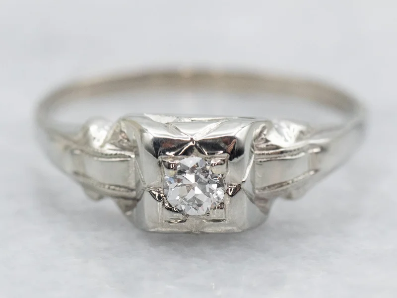 Ladies Large Engagement Rings -Late Art Deco Diamond Solitaire Engagement Ring