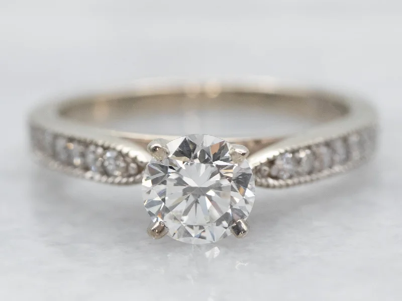 Ladies Heirloom Engagement Rings -White Gold Diamond Engagement Ring with Diamond Shoulders