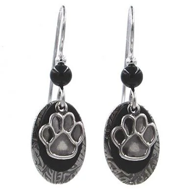 Ladies Petite Stud Earrings -Silver Forest Earrings Silver Black Pawprint on Teardrop