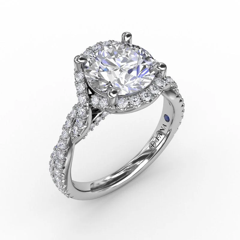 Ladies Victorian Engagement Rings -Contemporary Round Diamond Halo Engagement Ring With Twisted Vine Shank S3267