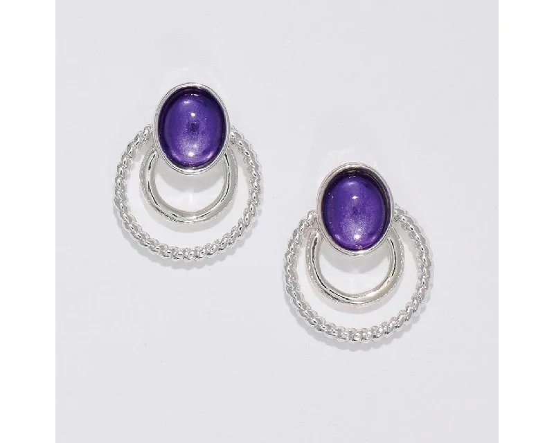 Ladies Modern Trend Earrings -Periwinkle by Barlow : Double silver rings with blue-violet gem - Earrings