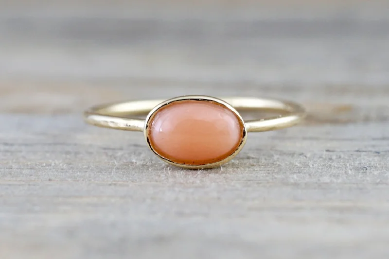 Ladies 10K Gold Rings -14k Solid Yellow Gold Oval Bezel Natural Pink Coral 0.39 carats Band Ring