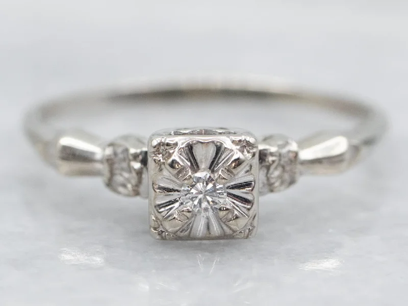 Ladies Petite Engagement Rings -Vintage Diamond Solitaire Engagement Ring