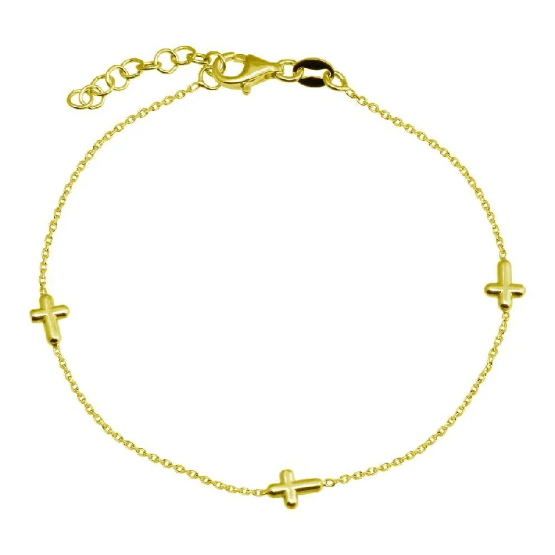 Ladies Bracelets for Design Shine-Gold Plated 925 Sterling Silver SIngle Strand Bracelet with 3 Cross - VGB17GP