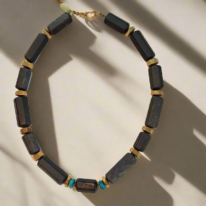 Ladies Necklaces with Blue Pectolite-Necklace in 18k gold with Black Obsidian and Turquoise stones