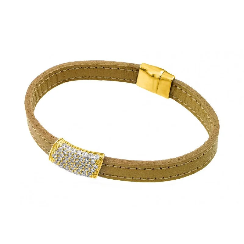 Ladies Bracelets with Red Pyroxmangite-Silver 925 Gold Plated Clear CZ Inlay Yellow Leather Bracelet - ECB002GP