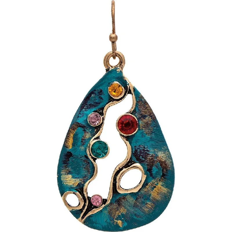 Ladies Tropical Vibe Earrings -Rain : Gold Teal Teardrop Multi Crystal Artisan Earrings