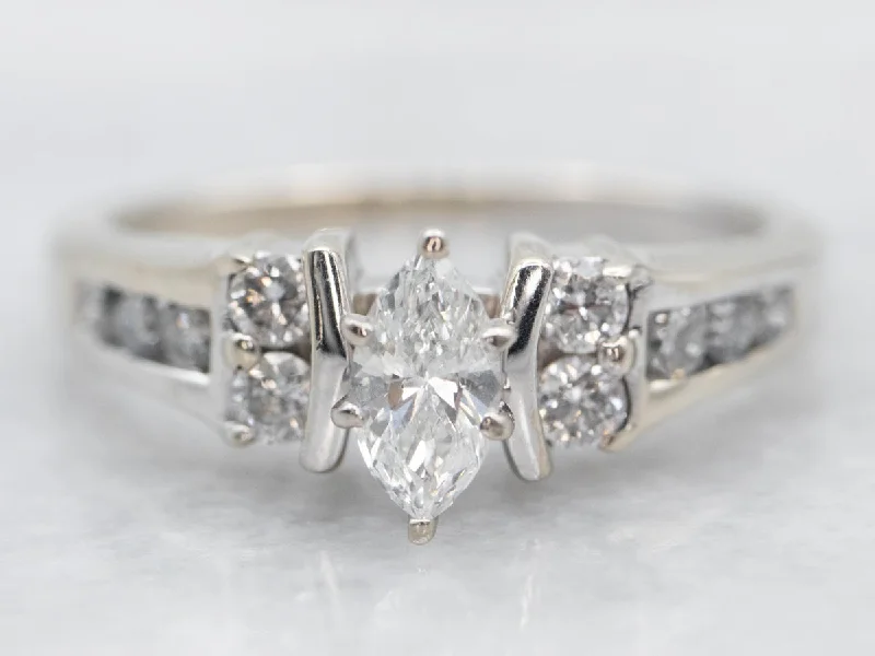 Ladies Symmetrical Engagement Rings -White Gold Marquise Cut Diamond Engagement Ring with Diamond Shoulders