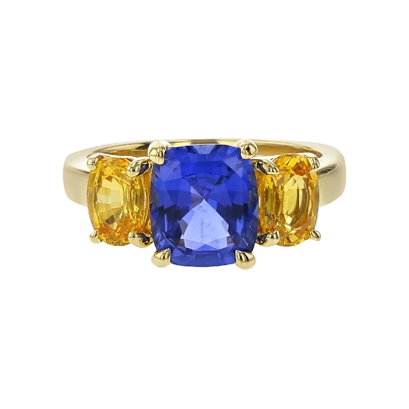 Ladies Subtle Charm Rings -18K Gold Blue and Orange Sapphire 3-Stone Ring