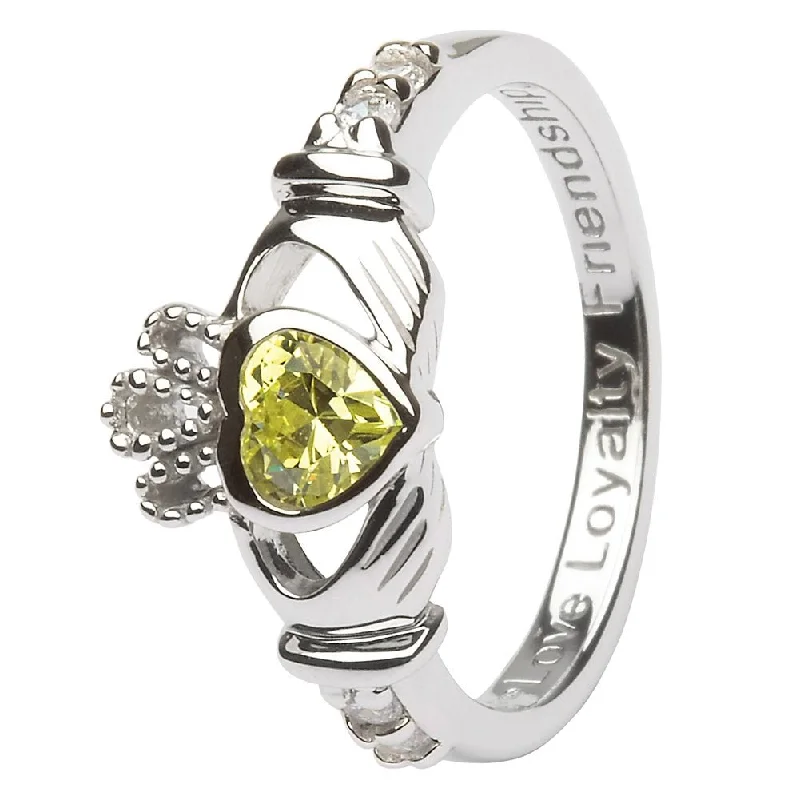 Ladies Planet Orbit Rings -AUGUST Birthstone Silver Claddagh Ring LS-SL90-8 Inscribed with "Love Loyalty Friendship"