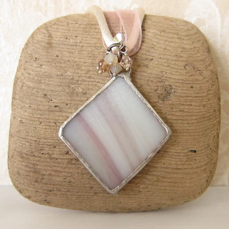 Ladies Necklaces with White Thaumasite-Mauve & White Stained Glass Pendant Necklace with Swarovski Crystals