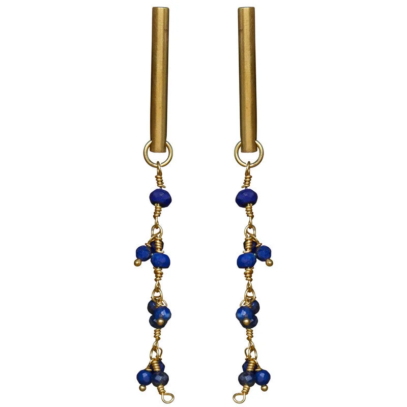 Ladies Rough Texture Rings -Vail Earring w/ Dangling Chain, Lapis Lazuli