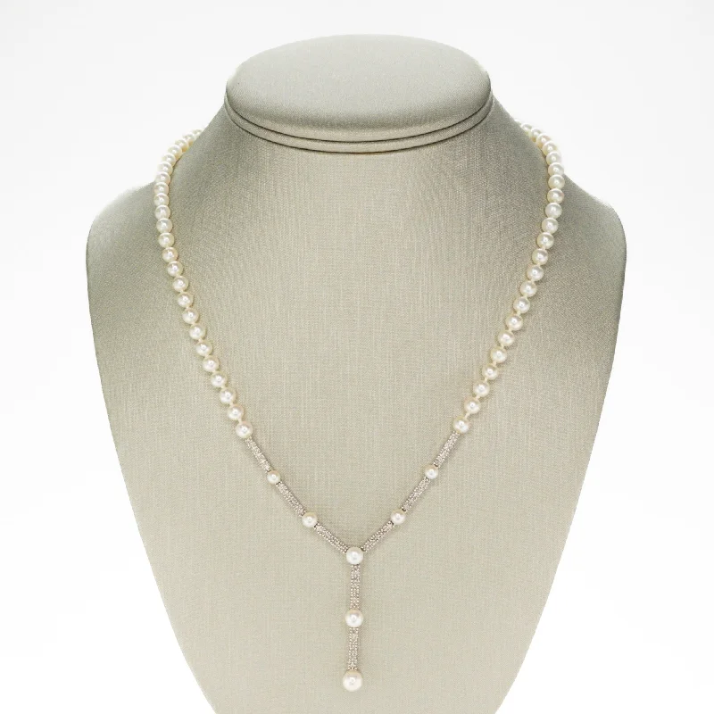 Ladies Necklaces with Feather Glow-4.50mm Wide Round Pearl and Diamond 18" Necklace in 14K White Gold