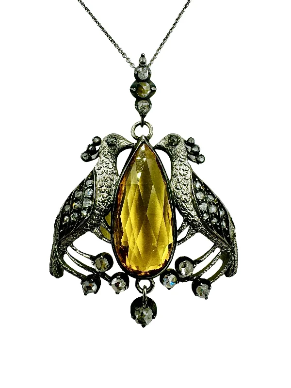 Ladies Necklaces with Flower Glow-Victorian Peacock Birds Citrine Diamond Pendant Necklace Circa 1890s